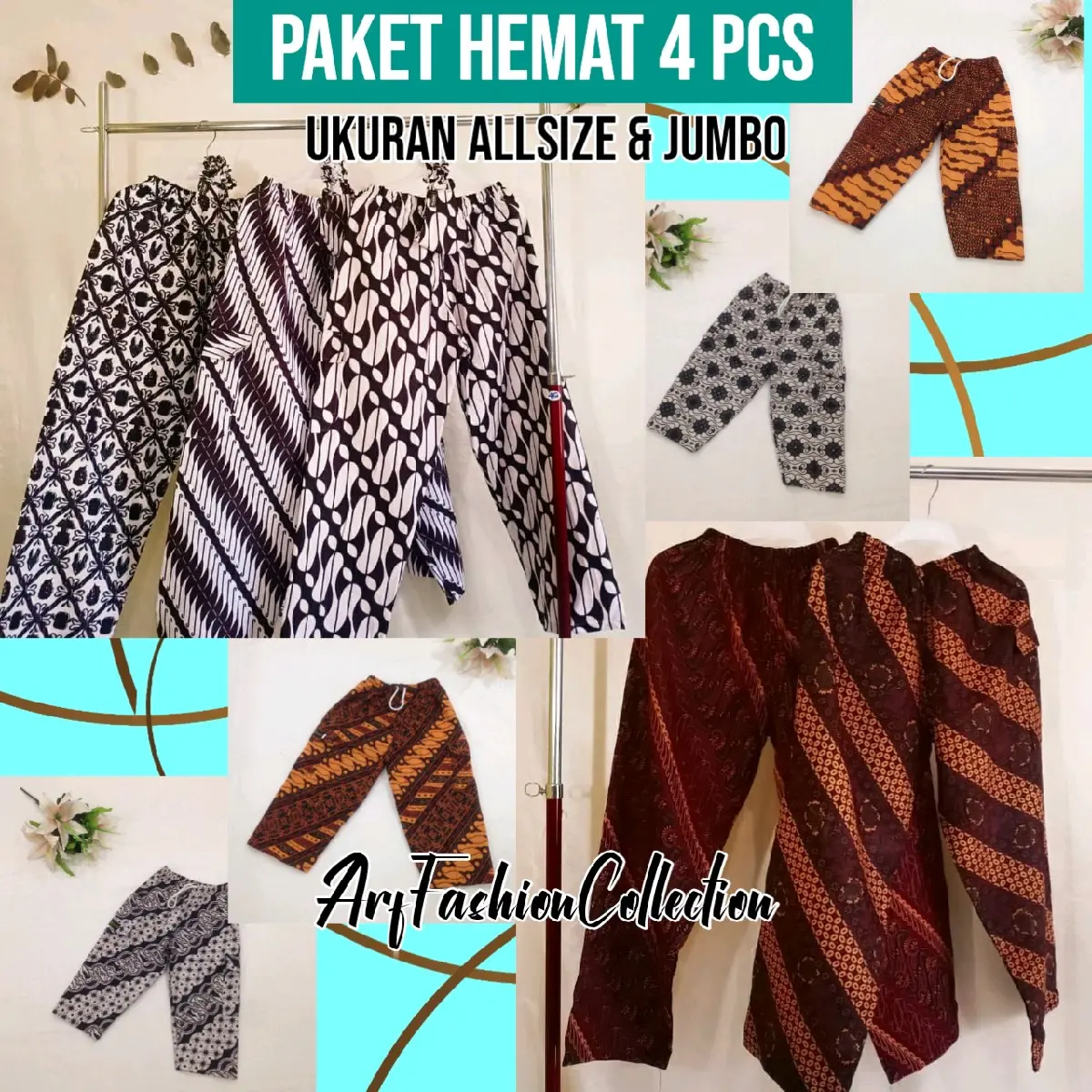 Paket Hemat 99ribu dapat 4 pcs Celana Batik Panjang Dewasa Jumbo Pria Wanita Allsize Motif Batik Putih Hitam Coklat Bahan Katun Nyaman Karet Melar