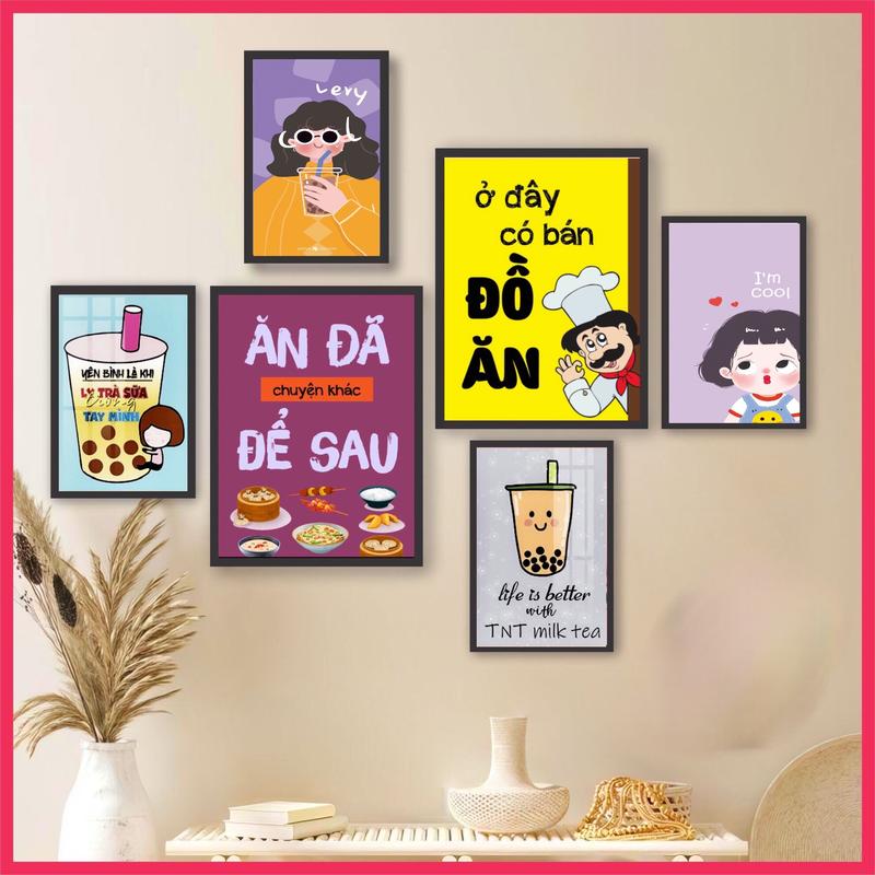  Decor quán trà sữa mì cay đồ ăn vặt quán cà phê với set 6 tranh decor dán tường tranh formex nhẹ bền không thấm nước 