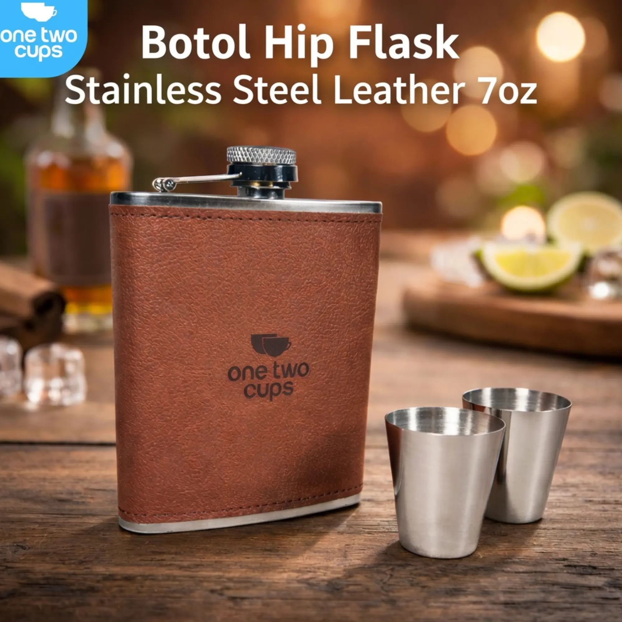 One Two Cups Botol Hip Flask Stainless Steel Leather 7 Oz with Shot Glass