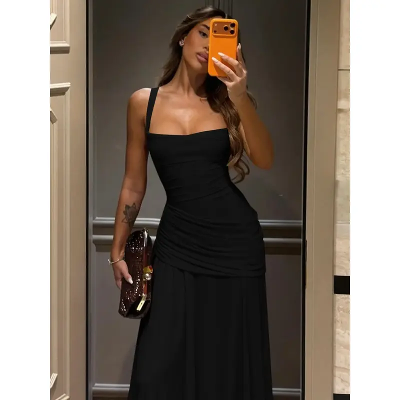Vestido largo sin mangas de color sólido con lazo en la espalda para mujer, vestido ajustado con tirantes cruzados y cordones en la espalda, diseño minimalista, ideal para fiestas, clubes, citas, eventos formales, vestidos casuales para damas, moda para t - Foto 7