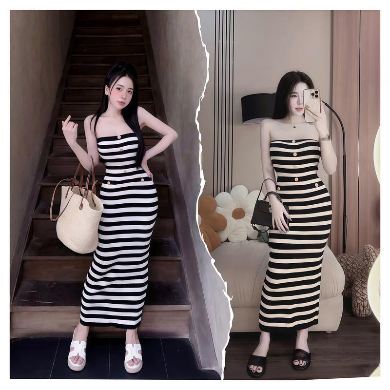 Sẵn Mút_Đầm Ống Body Dáng Dài Kẻ Sọc Đính Nút Tôn Dáng Chất Thun Gân Tăm Mềm Mại_Váy Tiệc Đầm Xinh Dự Tiệc Cưới Váy Body Váy Body Nữ Tôn Dáng Váy Xinh Váy Đi Biển