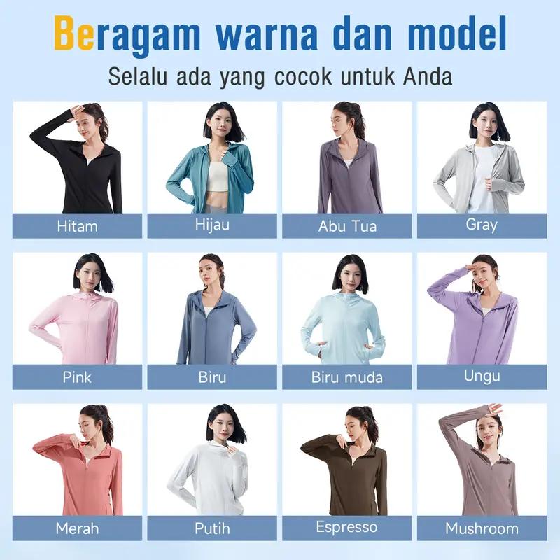 Jaket Anti UV Wanita Bahan Ice Silk Bernapas dengan Topi, Jaket Luar Ruangan Anti Sinar UV UPF50+, Pakaian Anti UV untuk Olahraga & Santai