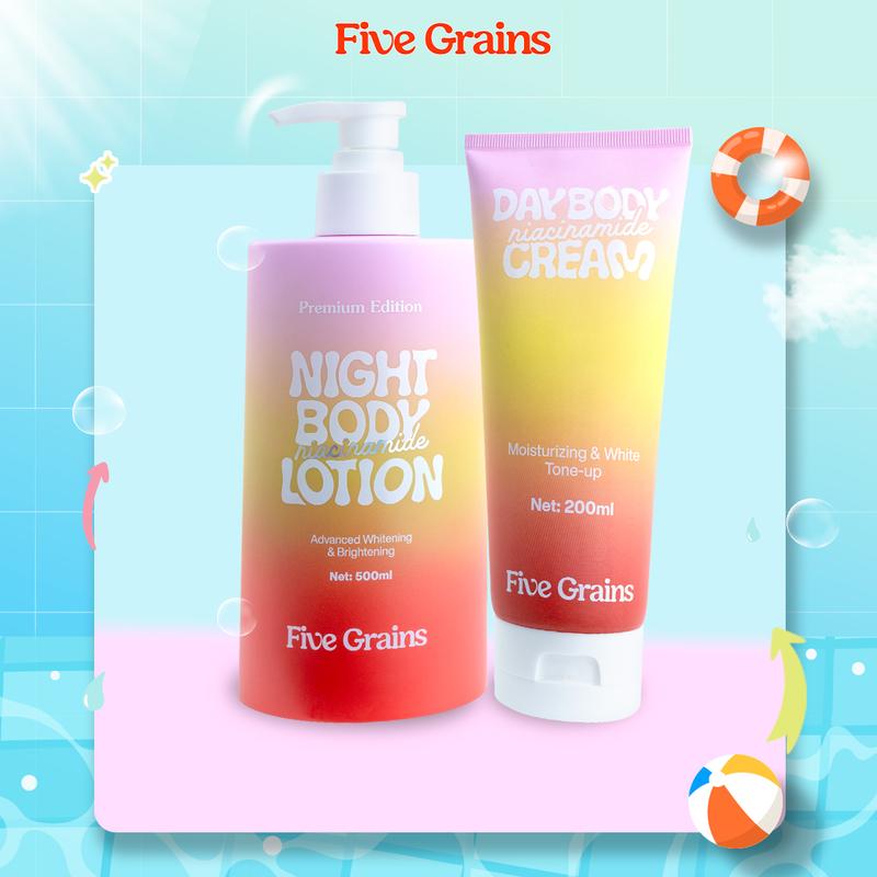 [I] Combo kem dưỡng giúp dưỡng ẩm dưỡng trắng da body ban ngày 200ml và ban đêm Five Grains Niacinamide, Alpha-Arbutin 500ml - A08