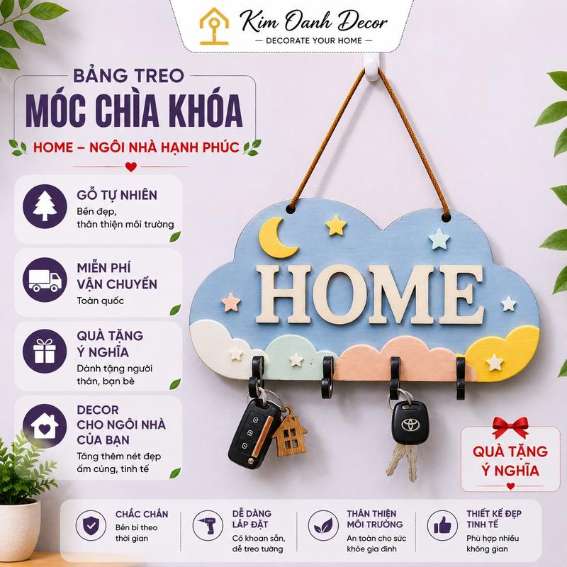 Bảng Treo Móc Chìa Khóa Gỗ HOME – Kệ Treo Chìa Khóa Trang Trí Nhà Cửa, Decor Tổ…