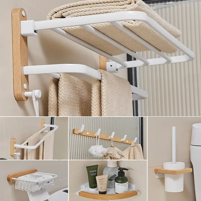 [SG Seller]Bathroom Solid wood bath towel shelf Washroom perforation-free folding double pole towel rack bathroom set