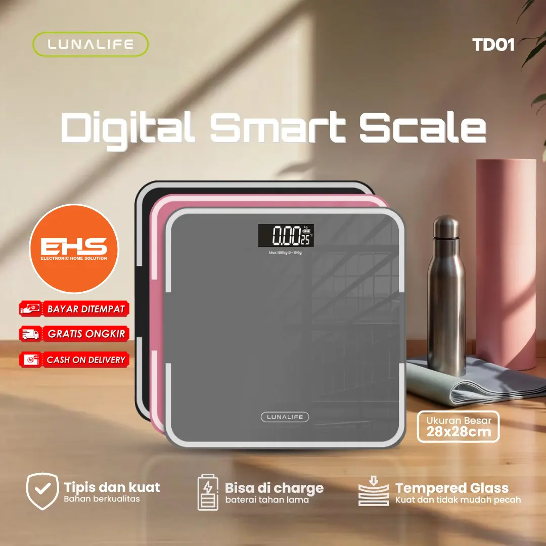 Timbangan Badan Digital Lunalife TD01 dengan Pengisian USB Anti Pecah dan Layar LCD