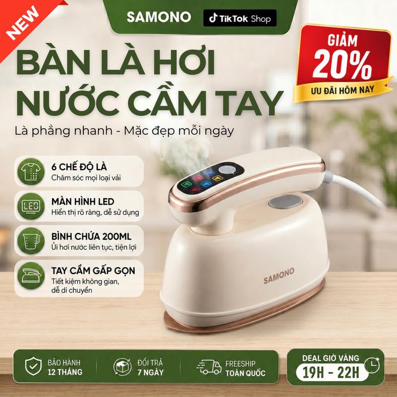 Bàn Ủi Hơi Nước Cầm Tay Samono SW-GSG200 1200W Màn Hình LED 6 Chế Độ Ủi Bình Nước 200ML Gấp Gọn