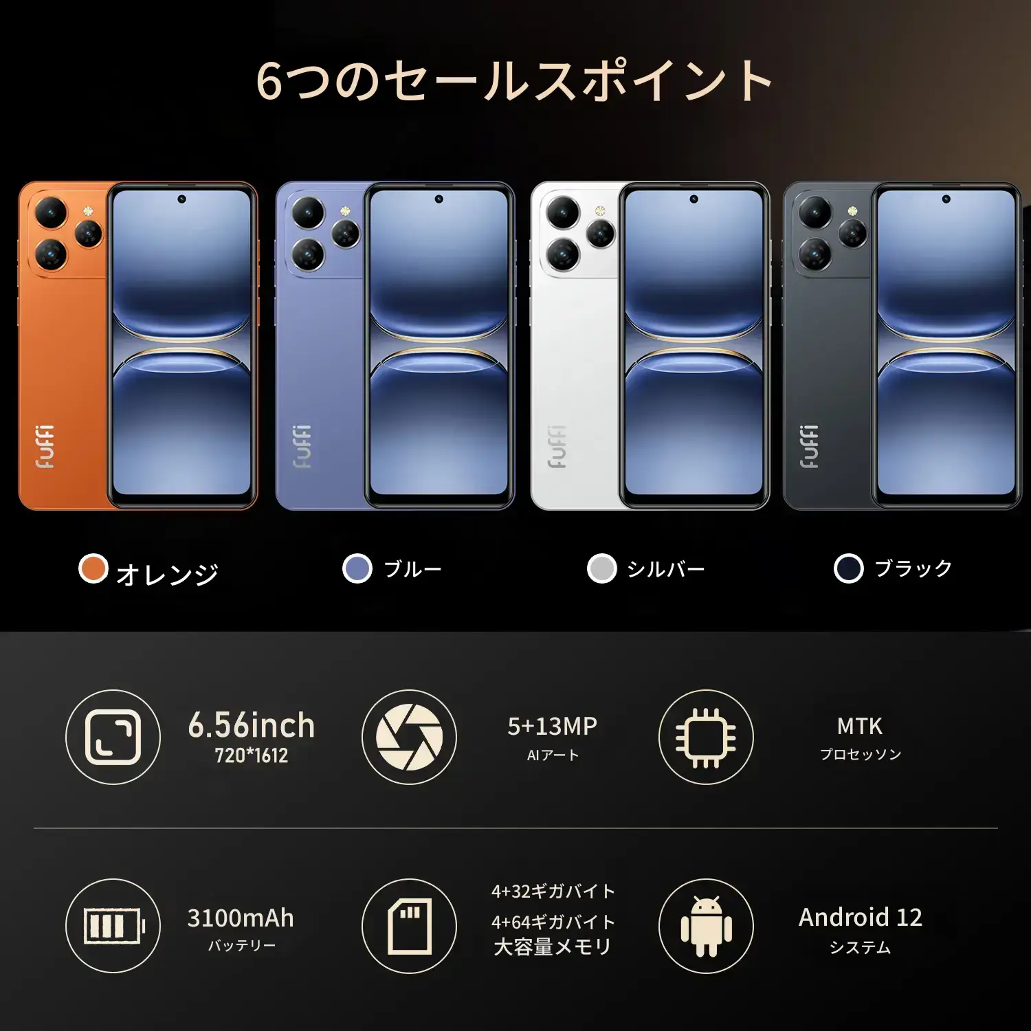 FUFFI M17 PRO 6.56インチ スマートフォン ホワイト 注目 FUFFi-M17 Pro スマートフォン、4+64GB ROM、6.56インチ