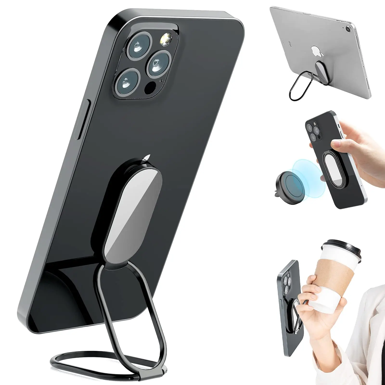 Phone Ring Holder Finger Kickstand, 360° Rotation Cell Phone Ring Holder Stand Metal Phone Back Grip for Magnetic Car Mount Foldable Cell Phone Stand Compatible with Most Smartphones Accessories Alloy