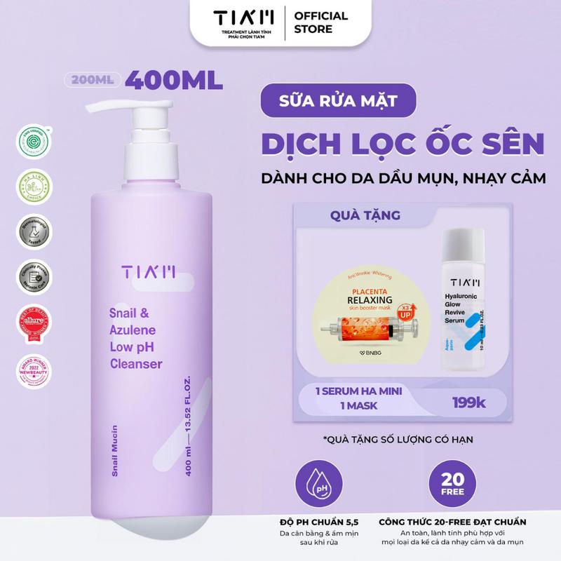  Sữa Rửa Mặt Tinh Chất Dịch Lọc Ốc Sên Hỗ Trợ Làm Sạch Da TIA’M Snail & Azulene Low pH Cleanser 400ml 