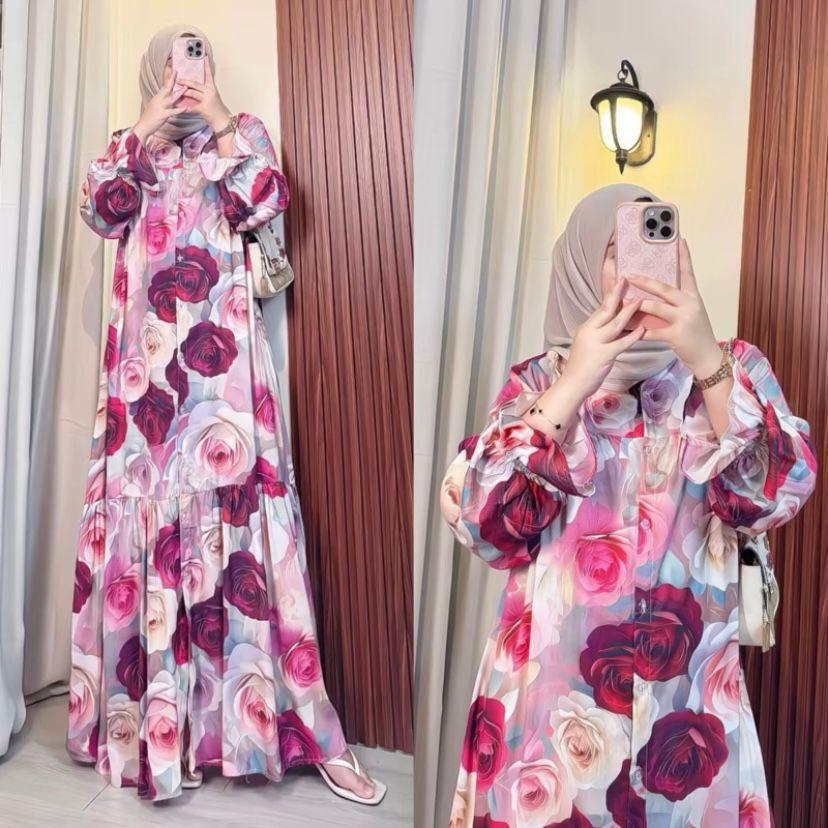 Naja.Fashion - Daisy Gamis Bunga Rayon Premium Busui Friendly Long Dress Motif Floral Korea Style Lengan Panjang untuk Tampilan Elegan dan Nyaman