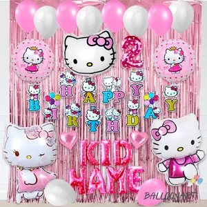 (Paket Lengkap Balon Ulang Tahun) HELLO KITTY SIMPLE DEKORASI SET/BALON FOIL HELLO KITTY Lengkap Dengan Pilihan Tirai, Lem, dan Nama Anak