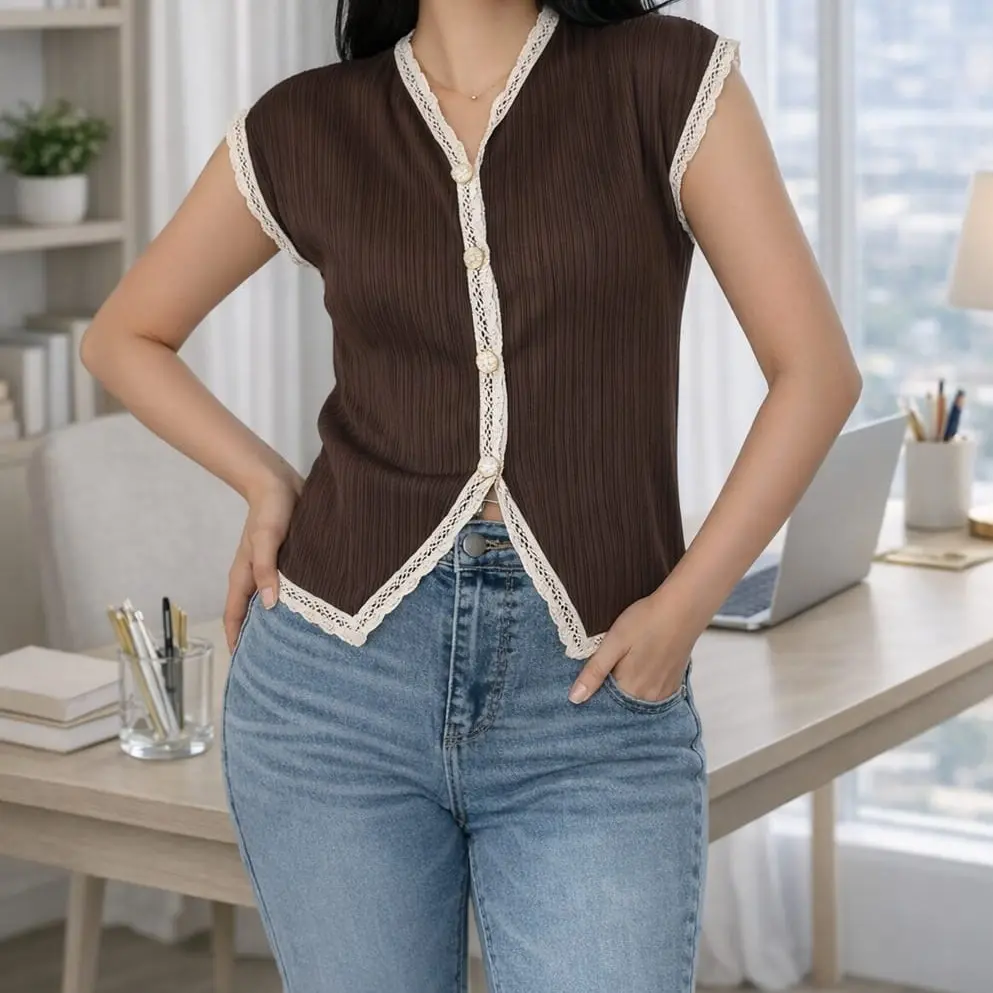 CARLINA VEST - Atasan Baju Wanita Terbaru Vest Condru Knit Rompi Kancing Aktif Renda Sleeveless Wanita Basic  MOEN