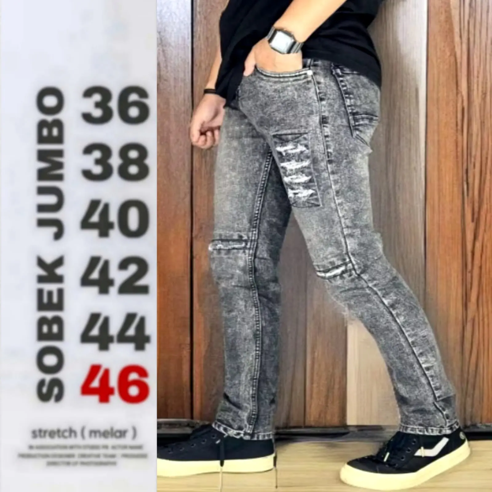 BIGSIZE - Celana Jeans Sobek Ripped Snow Grey Abu Sandwash Denim Slim fit Stretch Ripped Original Distro/ Celana Jeans Bikers Pria Sobek Lutut Tidak Tembus Limited Skinny Melar