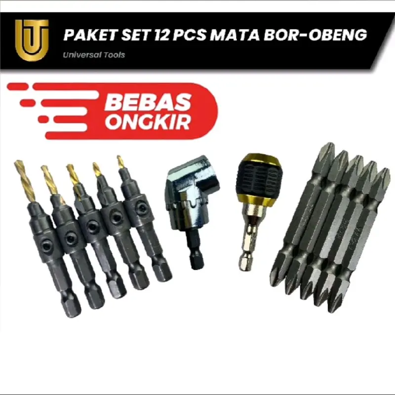 Peket Set 12 pcs: 1 pcs keyless Chuck kepala bor hexagonal, 1 pcs Ekstensi kepala bor L shape, 5 pcs set mata bor countersink sekrup, dan 5 mata obeng magnet ph2. 0