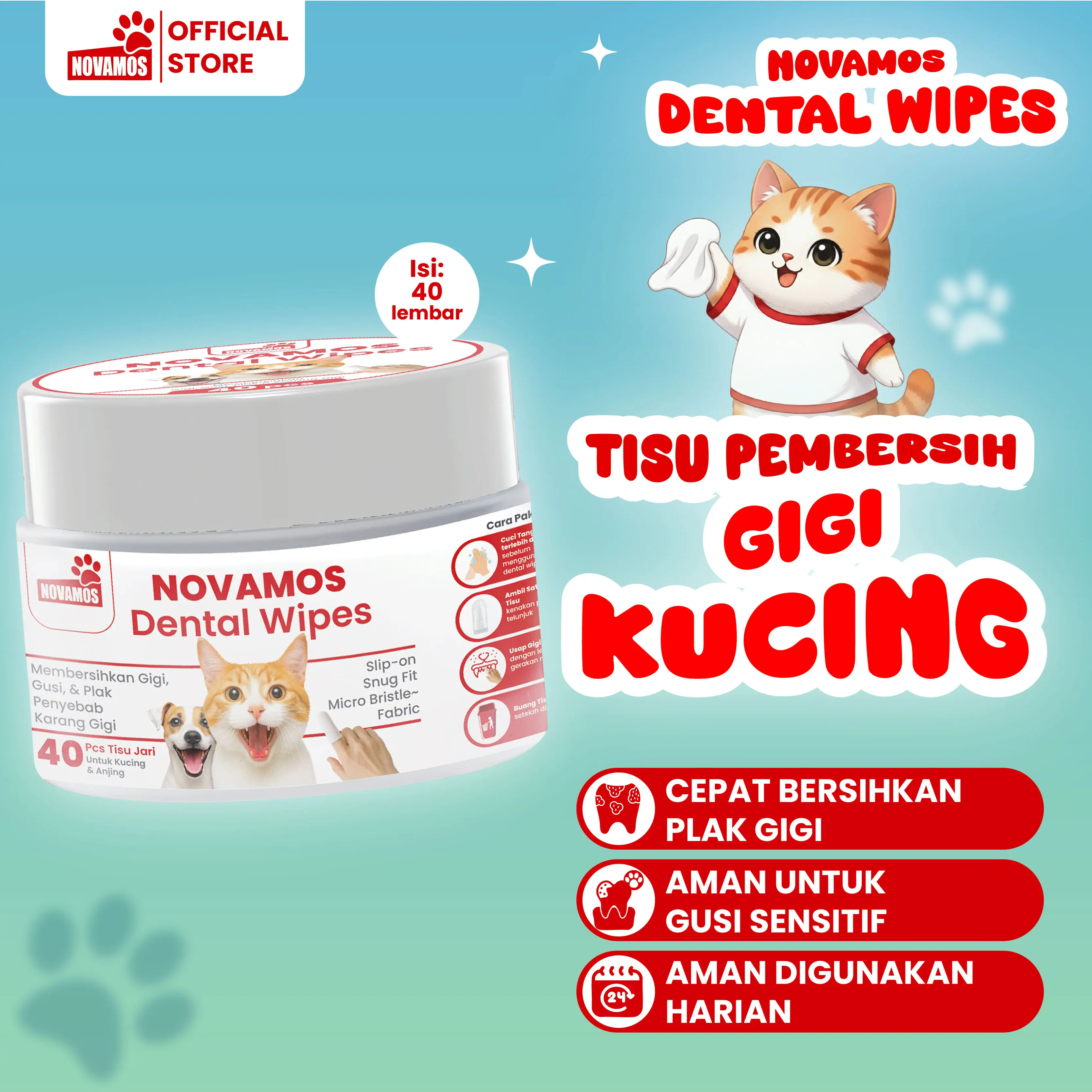 NOVAMOS Dental Wipes - Tisu Pembersih Gigi Anjing Kucing Aman Untuk Hewan Tisu Jari Pembersih Gigi Anjing