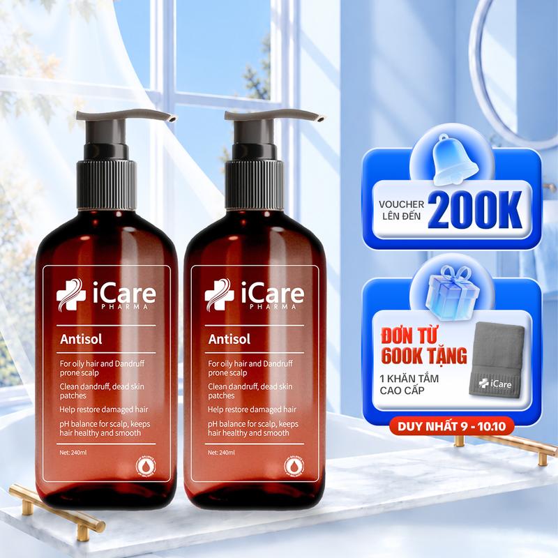 [ĐƠN 600K TẶNG KHĂN TẮM] COMBO 02 Chai Dầu Gội Antisol Hỗ Trợ Giảm Gàu Dịu Mát Da Đầu | Thương hiệu iCare Pharma | Chiết xuất dược liệu