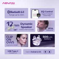 Gambar ADVAN Eclipse+ Plus Open-Ear Clip Bluetooth 6.0 Low Latency Smart Touch Control Up To 9 Hours Support Apps Waterproof IPX4 Ergonomic Design OWS Earphone - Purple dari ADVAN INDONESIA Kota Semarang 2 Tokopedia