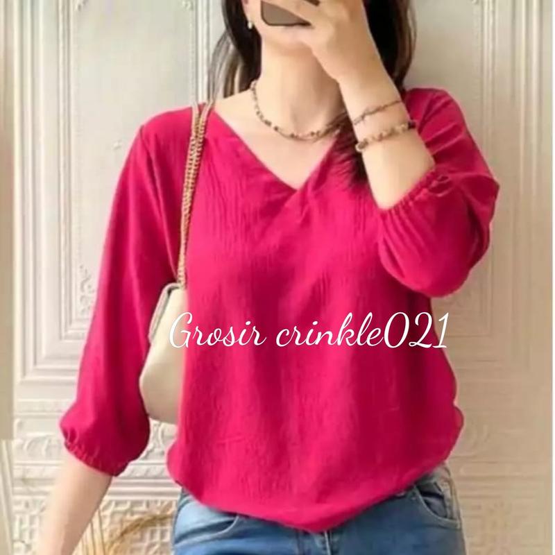 Pakaian wanita atasan blouse Cringkel airflow remaja dewasa model terbaru kekinian yang lagi viral Crinkle Nyaman Kerah Tangan Panjang 5
