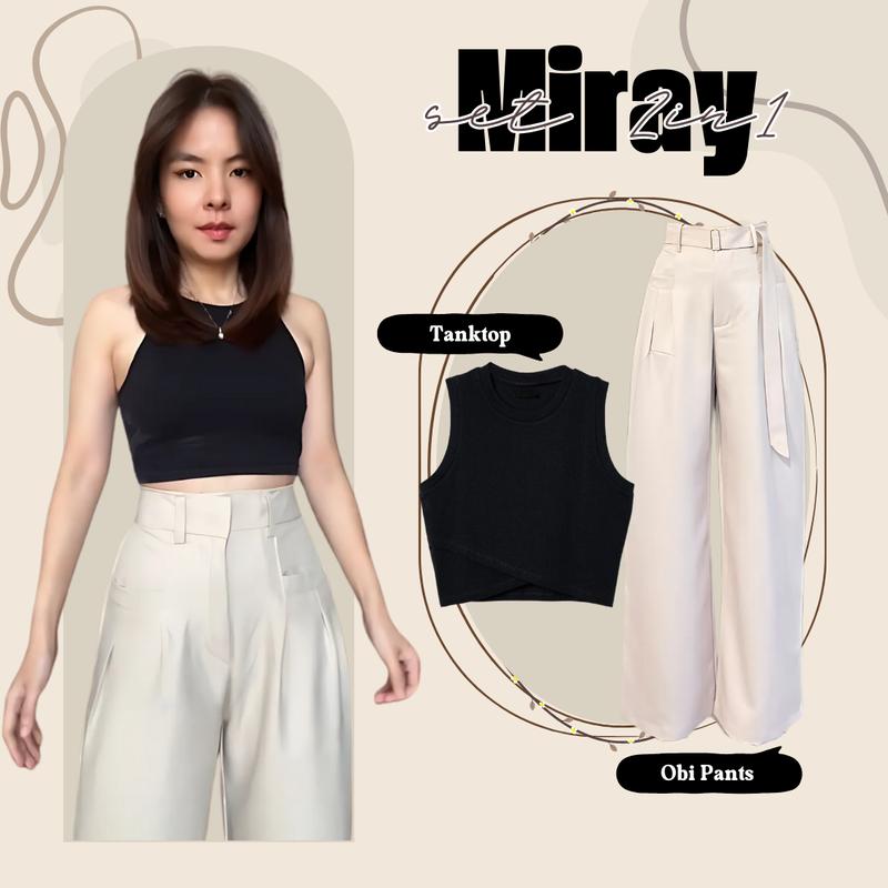 One Set Baju Outfit Cewek (Tank Top Wanita Atasan Crop, Celana Kulot Obi Pants, Tas Bahu Elegan Lucu) LQ085 Setelan Casual Hitam Rib Bawahan Panjang one  set 3