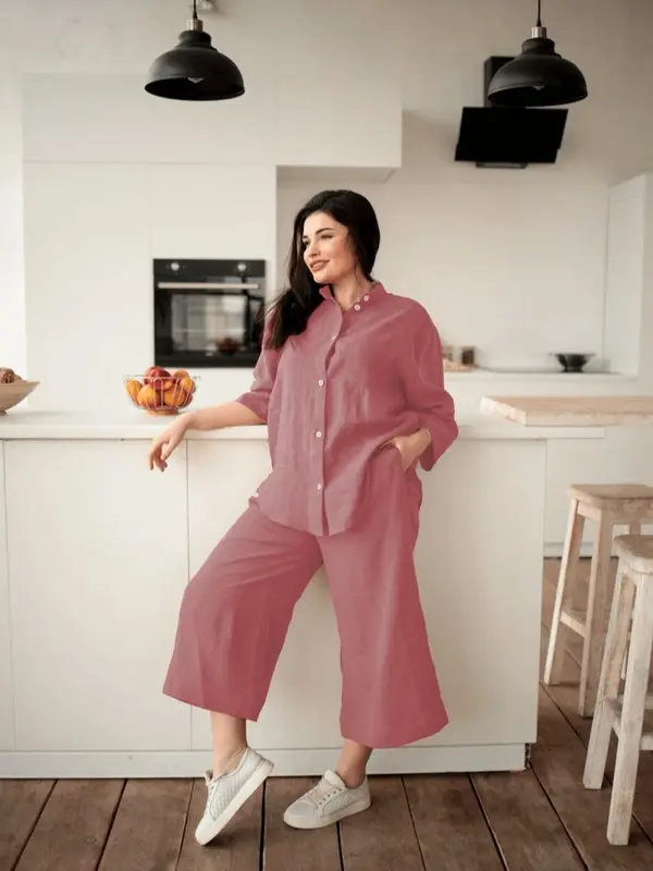 MADHARSHOP Sarra Oneset 2In 1 Polo Linen Setelan Celana Wanita 7/8 Dewasa Polos Kekinian Allsize 1