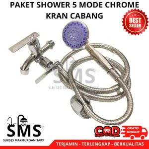 SMS Paket Shower Kamar Mandi 5 Mode Chrome Kran Cabang 1/2 Inch Hand Shower Plastik ABS Selang Stainless 1.5M Hemat Air