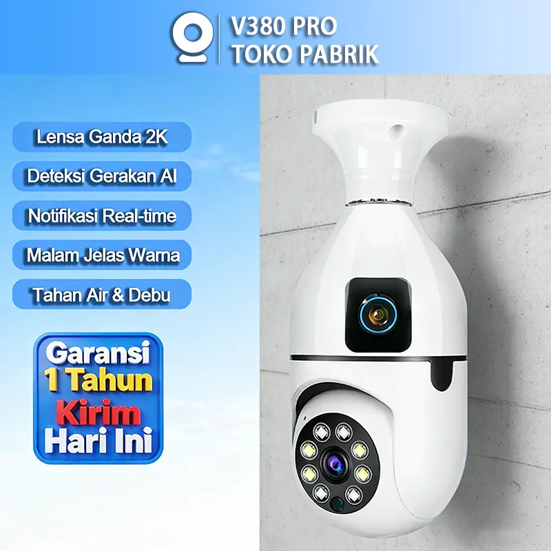 V380 Pro Kamera CCTV Bohlam Lensa Ganda Jarak Jauh 1080P WiFi Wireless CCTV Camera Night Vision PTZ