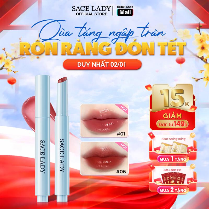   COD  Son Tint Bóng SACE LADY Dưỡng Ẩm Hiệu Ứng Căng Bóng Giúp Đôi Môi Rạng Rỡ Màu Sắc Tự Nhiên 1.8g 