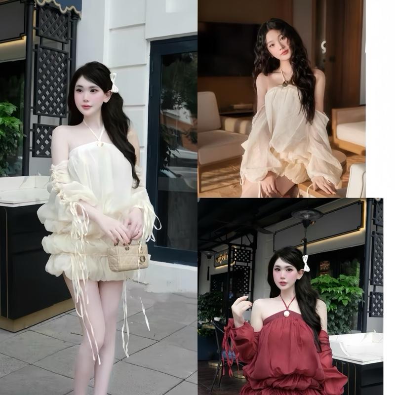 [Hàng Sẵn] Đầm Tiểu Thư Xếp Tầng Trễ Vai Buộc Yếm Sang Chảnh