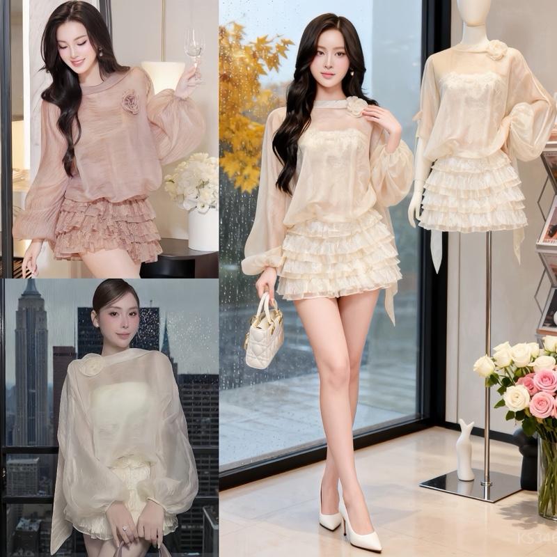   TẶNG ÁO BRA ỐNG Đầm Tơ Dài Tay Kèm Áo Ống Ren Có Mút Mix Váy Ren Tầng Tiểu Thư 
