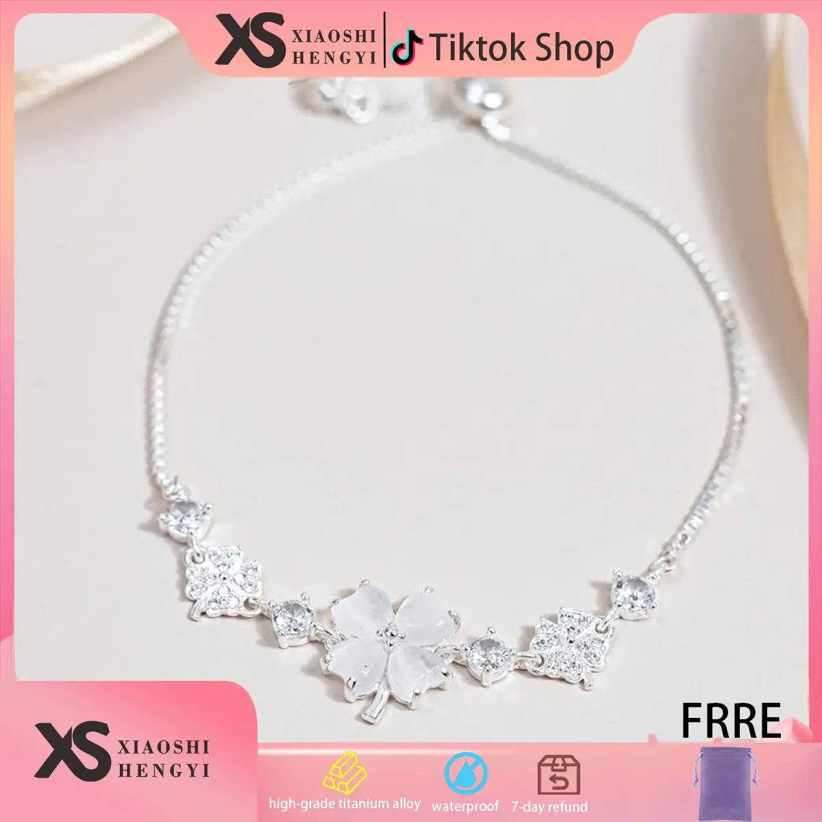 Vòng Tay Cỏ Bốn Lá, Dây Rút, Dành Cho Nữ, Với Hoa Mắt Mèo Cỏ Bốn Lá, Phụ Kiện Vòng Tay Nữ, Vòng Cổ Thép Titan, Cỏ Bốn Lá 4 Lá, Món Quà Hoàn Hảo, Thích Hợp Để Đeo Hàng Ngày, 1 Chiếc