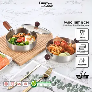 [PO 90 HARI] Funnycook Panci Sauce Pan Set Gemoy Lucu Stainless Steel Diameter 16cm Dengan Gagang Kayu Anti Panas dan Tutup Kaca Tebal Kitchenware