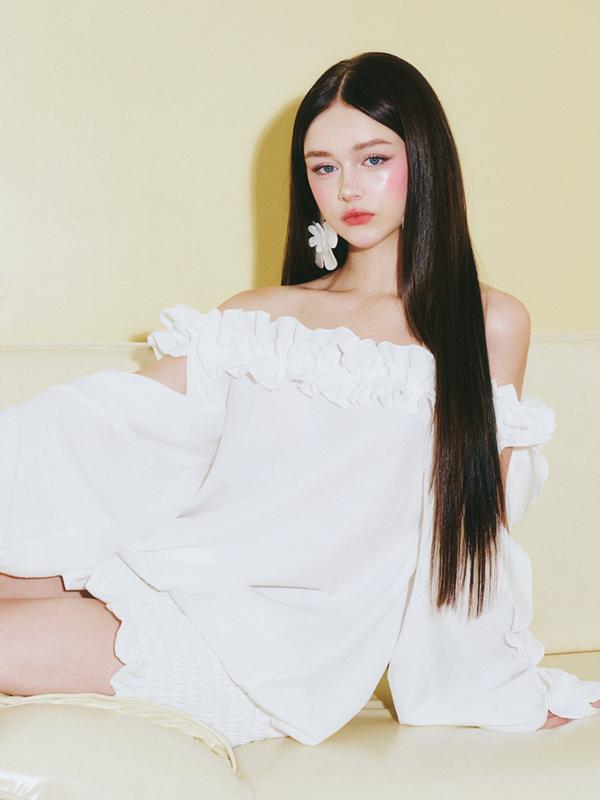  Lila Mini Dress - Đầm bí trễ vai cổ bèo nhún thun GLORIOUS chất liệu đũi vân mây không kèm quần 