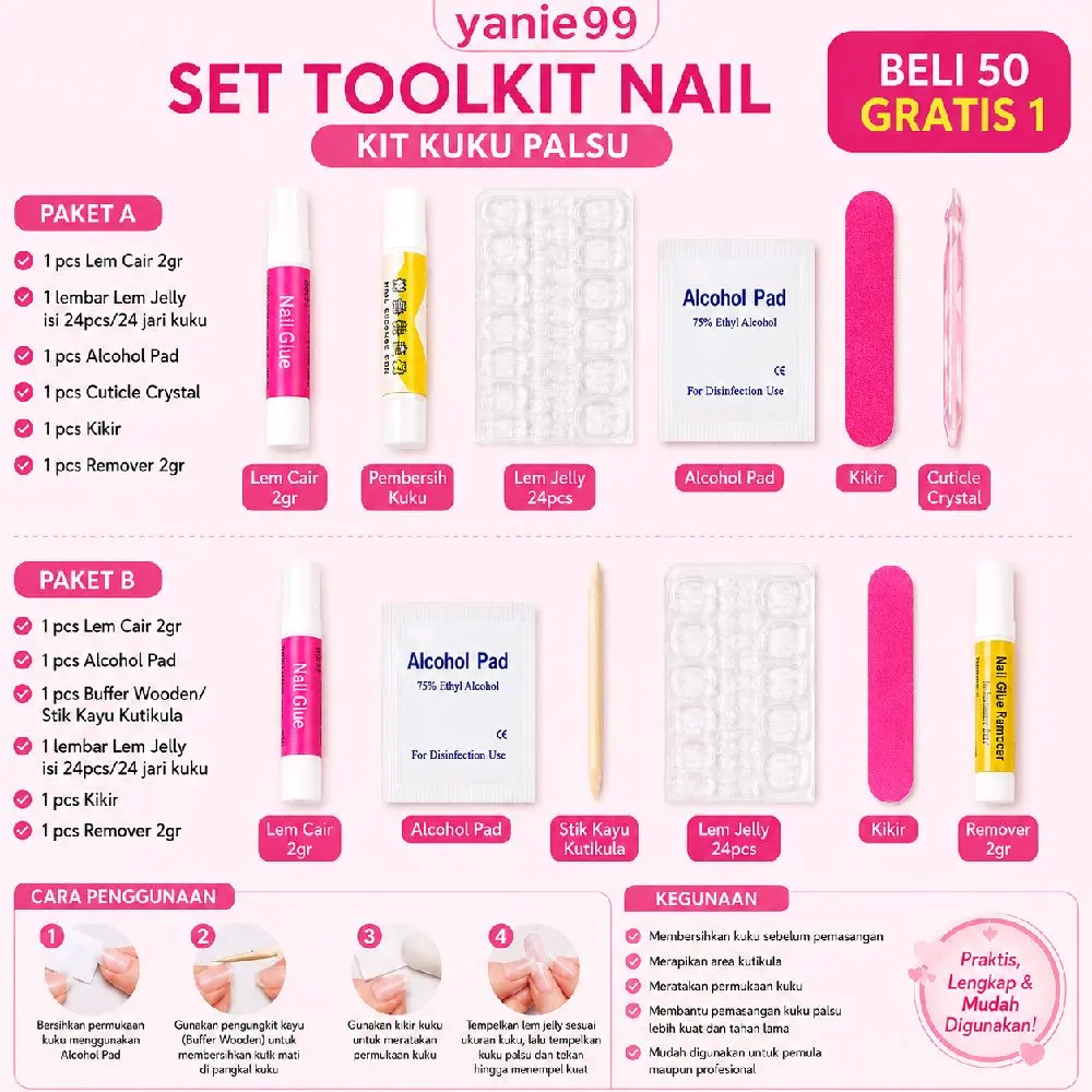 6in1 Set Toolkit Nail Lem Kuku Palsu Press On Bersihkan Spons Lem Jelly 24 pcs Alcohol Pad Kikir Remover 2gr untuk Pemula - Art