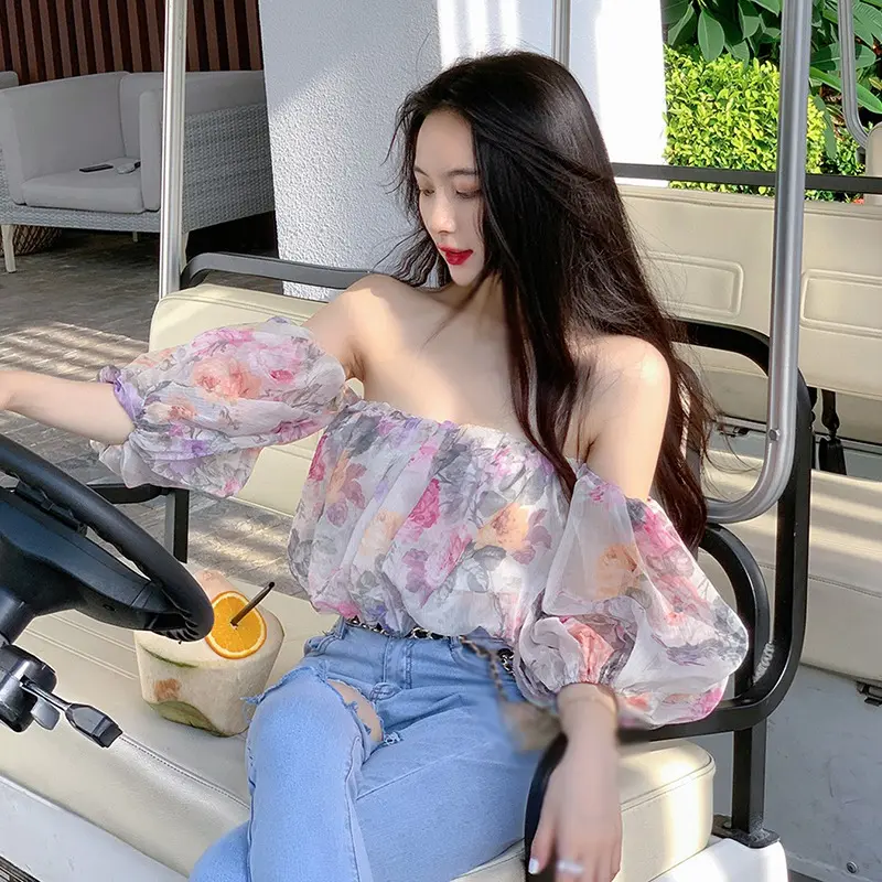 Áo Cánh Voan Nữ, Phong Cách Hàn Quốc, Hoa, Một Vai, Tay Áo Bong Bóng, Áo Ngực, Màu Hồng, Một Cỡ Women Top