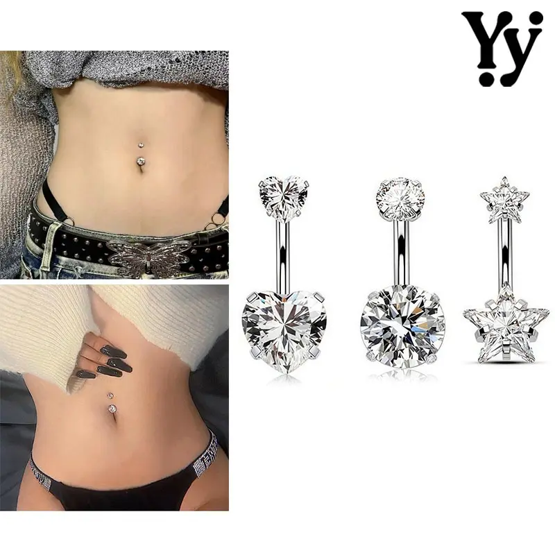 YY 1 Buah Stainless Steel Belly Button Rings 14G Navel Piercing Stars/Round/Hearts Navel Rings Crystal Anting Pusar Tindik 10mm
