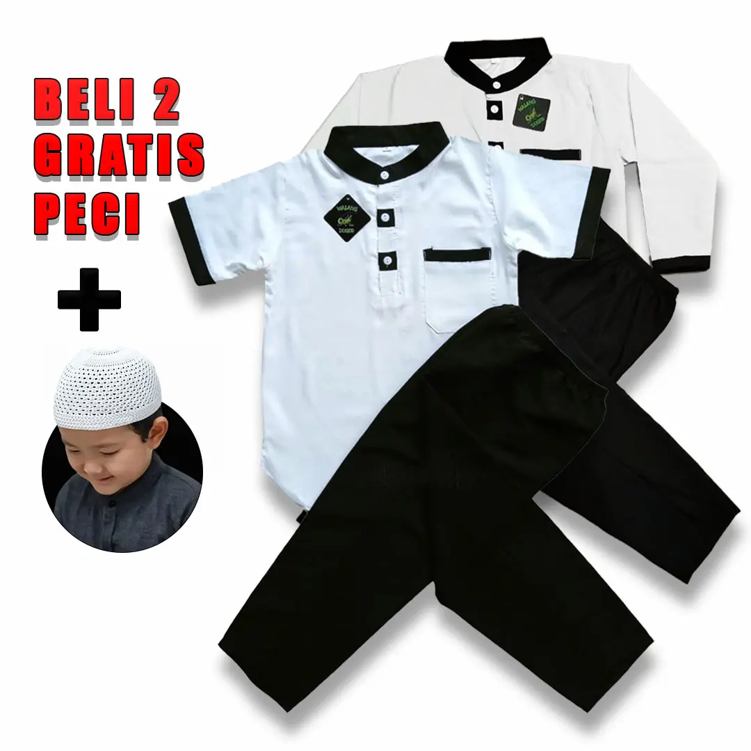Setelan Baju Koko Anak Model Panda Warna Putih Hitam Usia 1-13 Tahun - Muslim, Peci