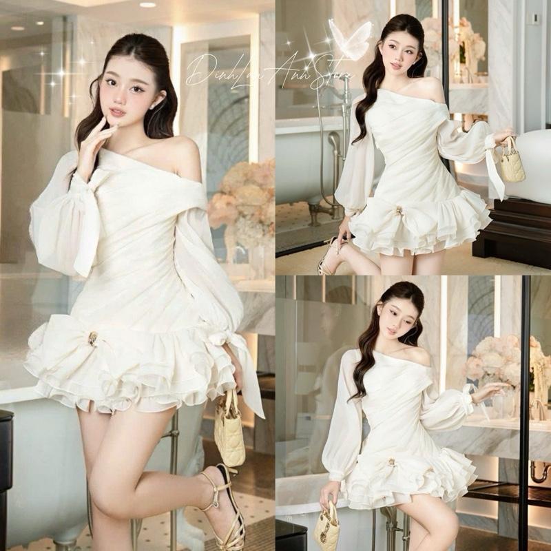   HÀNG CÓ SẴN - FORM CHUẨN HÌNH  VÁY Tơ Lệch Vai Tiểu Thư Buộc Nơ Thiết Kế Chiết Eo Đính Nơ 3 Lớp Phồng Xoè Sang Chảnh  kèm quần rời  - DinhLanAnhStore 