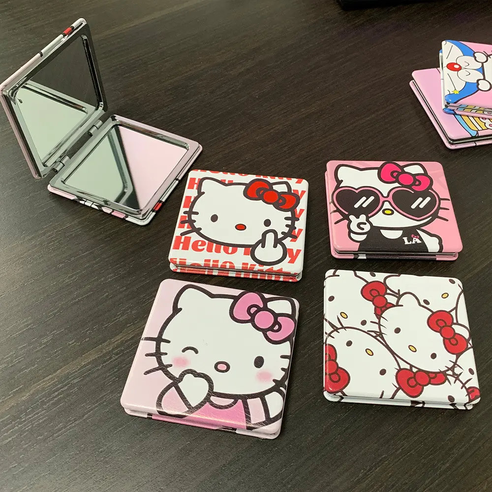 Gương Trang Điểm, Cỡ Nhỏ Dễ Thương, Thiết Kế Mèo Con KT, Hello Kitty, Gương Gấp Hai Mặt Hình Vuông Cầm Tay Thích Hợp Cho Học Sinh, Có Kính Phóng Đại