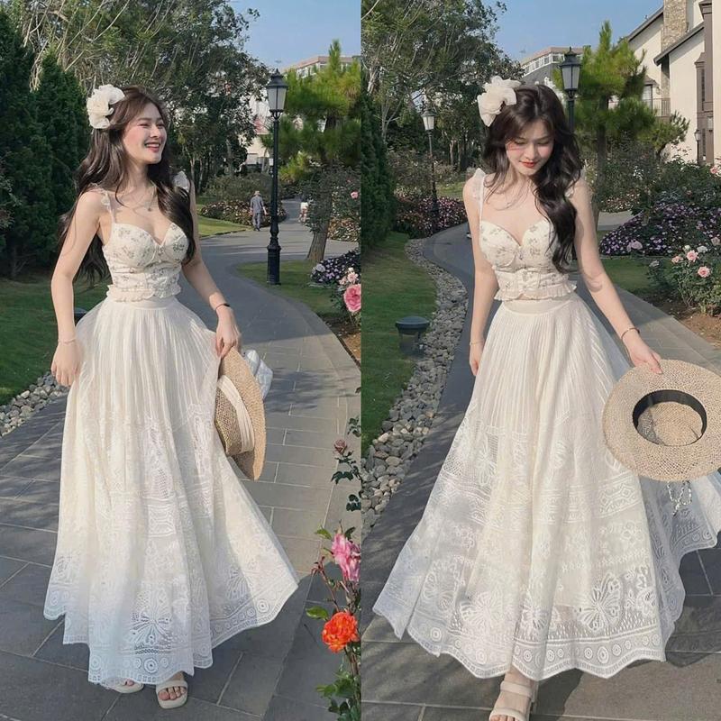 Sét Váy Nữ Thiết Kế Nhẹ Nhàng Đi Dạo Biển Du Lịch Cực Xinh Sét Áo Hoa 2 Dây Cúp Ngực Phối Chân Váy Dáng Dài Xòe Nhẹ Như Nàng Thơ