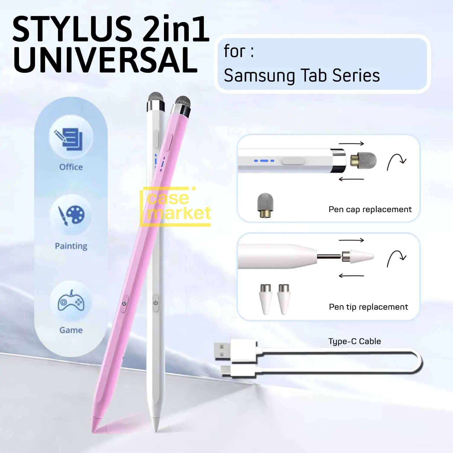 Pencil Universal untuk Samsung Tab S6 S7 S8 S9 S10 S11 Lite FE Plus Ultra Stylus 2 IN 1 Smart Pen Magnet Tablet Drawing Gaming Ujung Cap Fiber Pensil 2in1 Multifungsi