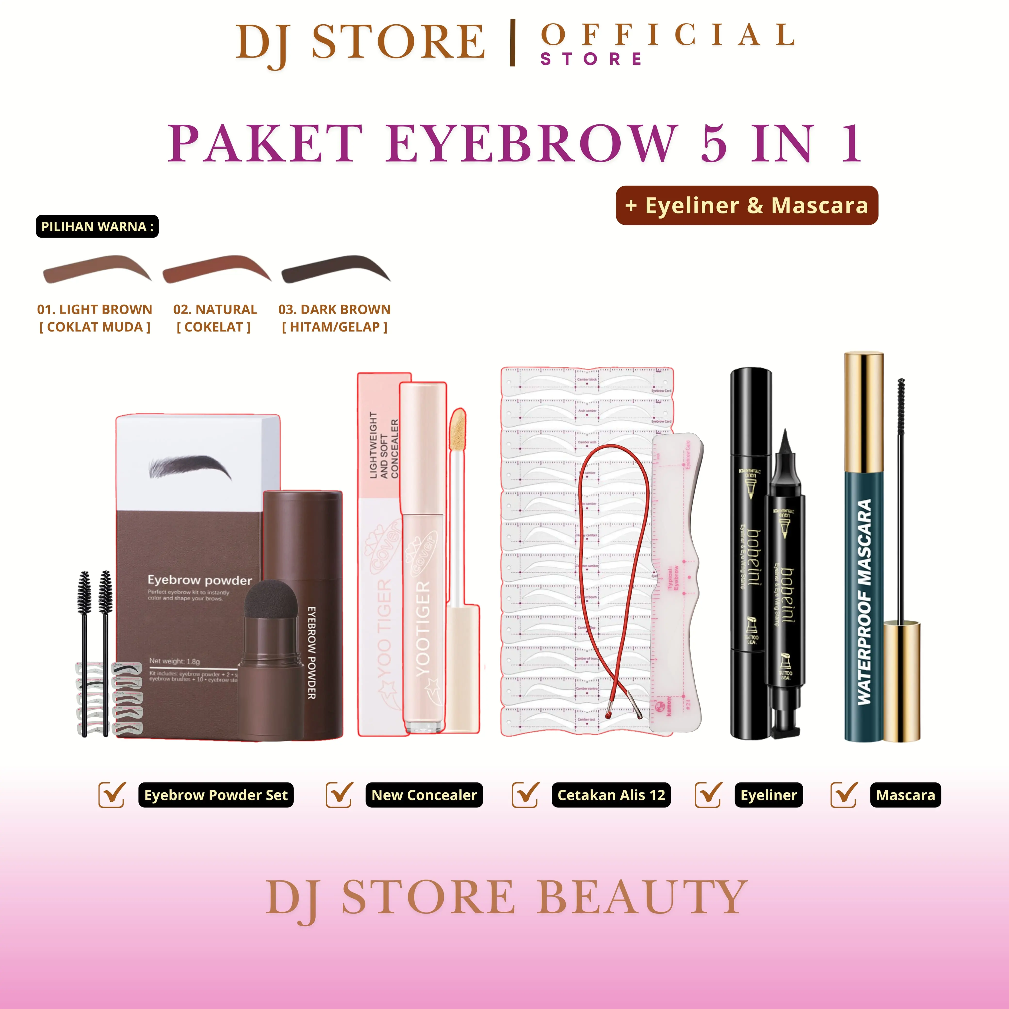 PAKET EYEBROW 5 in 1 FREE EYELINER & MASCARA - Paket Alis 5in1 Eyebrow Powder, Cetakan Tali 12, Concealer, Eyeliner Stamp dan Mascara Waterproof