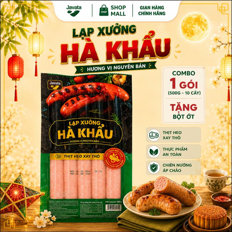 Lạp Xưởng Hà Khẩu Javata Nướng Đá 500g (10 cây) - Thơm Ngon Chuẩn Vị, Hương Vị Đặc Trưng Chuẩn Hà Khẩu, Thịt Heo Tươi, Dễ Ăn, Phù Hợp Nhiều Món