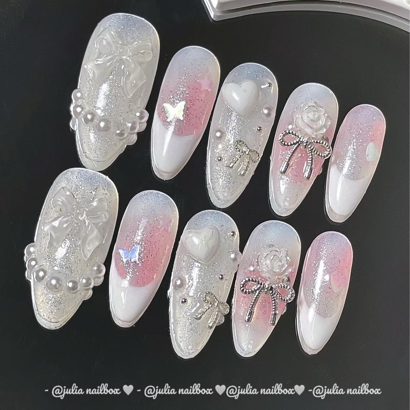  JuliaNailbox Mã 458 tone hồng mix nhũ Móng tay giả thiết kế thủ công sơn gel   tặng kèm keo miếng dán dũa bông lau móng   gắn dễ dàng tiện lợi có thể tái sử dụng Nữ 