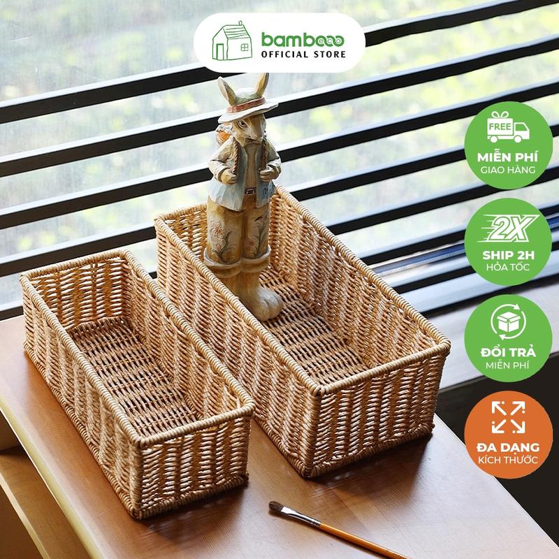  Hộp đựng đồ lặt vặt giả mây BAMBOOO ECO giỏ nhựa đựng điều khiển gia vị mỹ phẩm vật dụng gia đình 