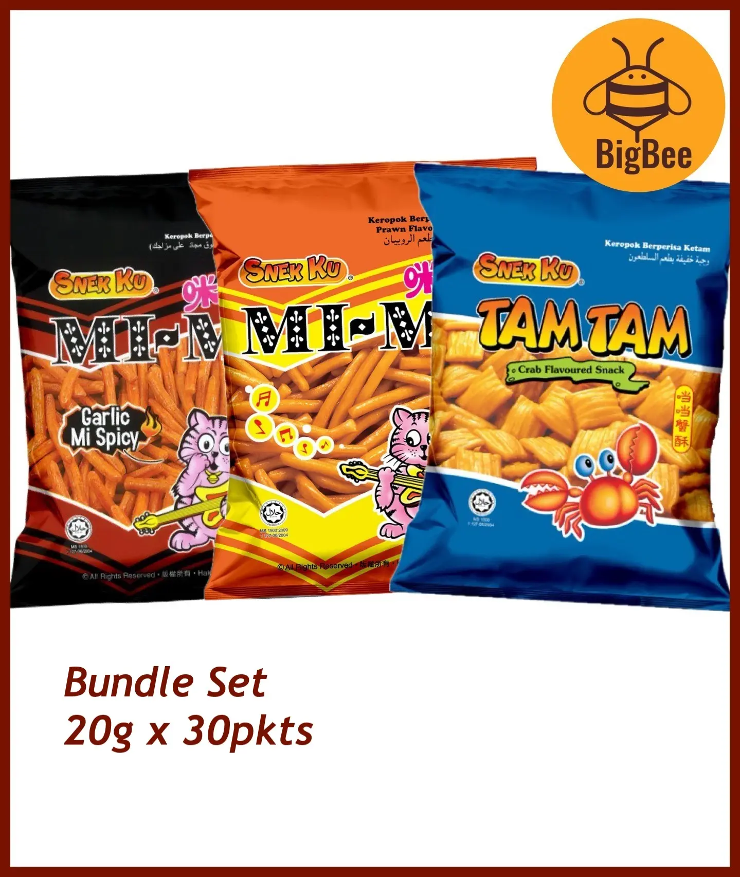 [Bundle of 30pkts] Snek Ku - 20g x 30pkts Mi-Mi Prawn / Mi-Mi Garlic Mi Spicy / Tam Tam / Snekku Mi Mi / Snekku TamTam