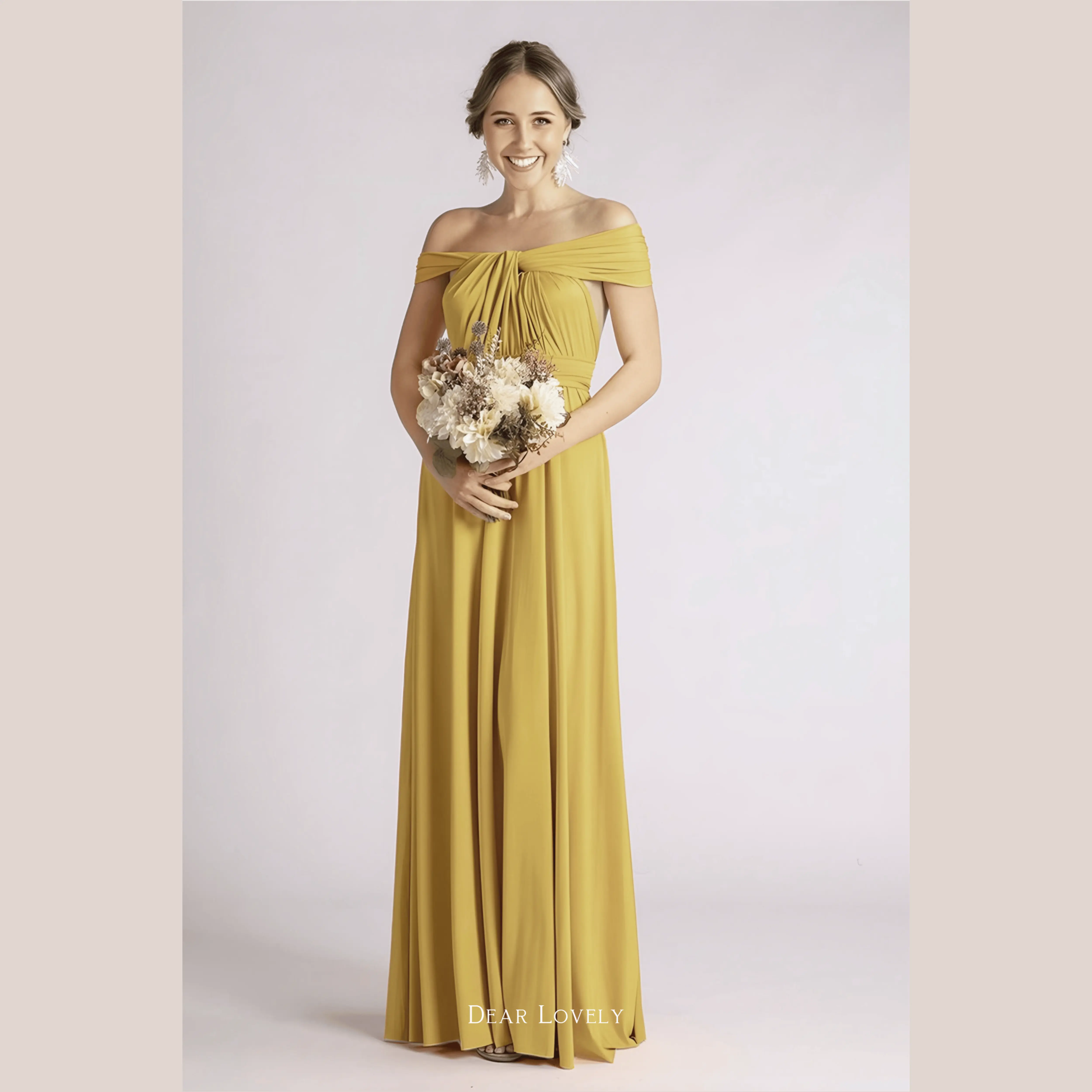 Gaun Pesta Premium Multiway Dear Lovely in Gold Lime dengan Material Premium ITY Korea - Panjang, Bahan Stretch, Bonus Kemben dan Brosur Tutorial Dress Formal Wanita Maxi Fit