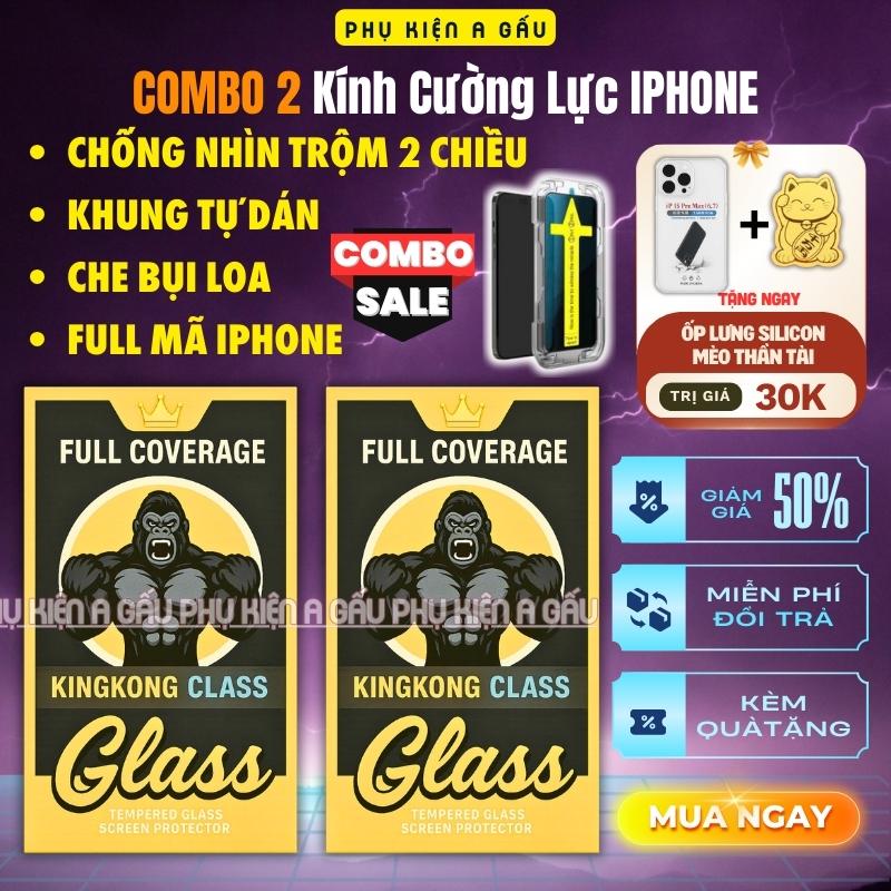 Combo 2 Kính cường lực iphone khung trợ dán KINGKONG chống nhìn trộm full màn lphone x xs xr 11 12 13 14 15 16 17 pro max plus Phụ kiện miếng dán bảo vệ màn hình Kính cường lực Kingkong tặng 1 Ốp chống sốc + 1 mèo thần tài - Cuong luckingkong