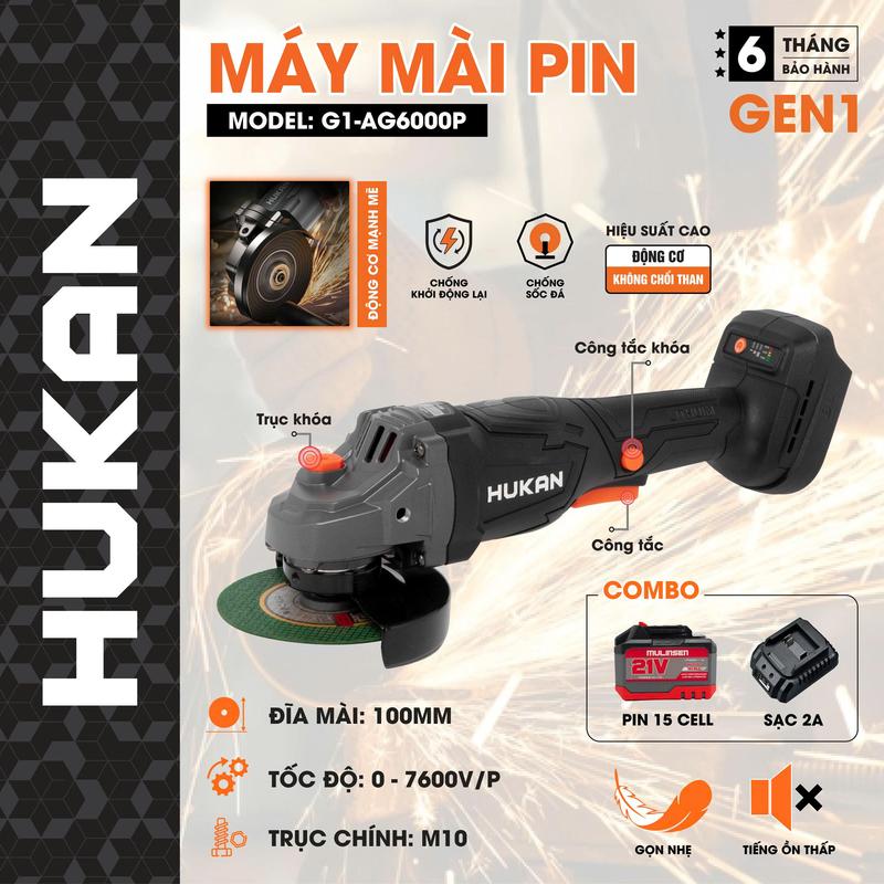 COMBO máy mài pin G1-AG6000P Hukan, Tốc độ không tải: 10000 RPM Chân pin phổ thông hàng chính hãng kèm pin sạc