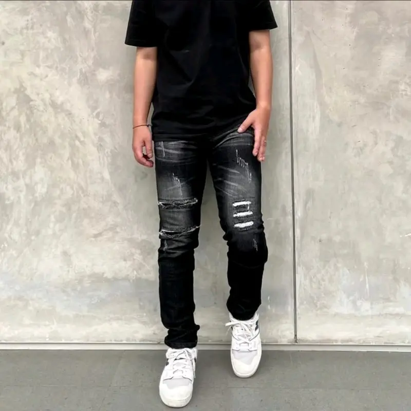 Celana Jeans Panjang Motif Sobek Pria Pola Petir Zigzag Skinny Fit Slimfitting Bahan Full Denim Melar Cowok Dewasa Slimfit 3